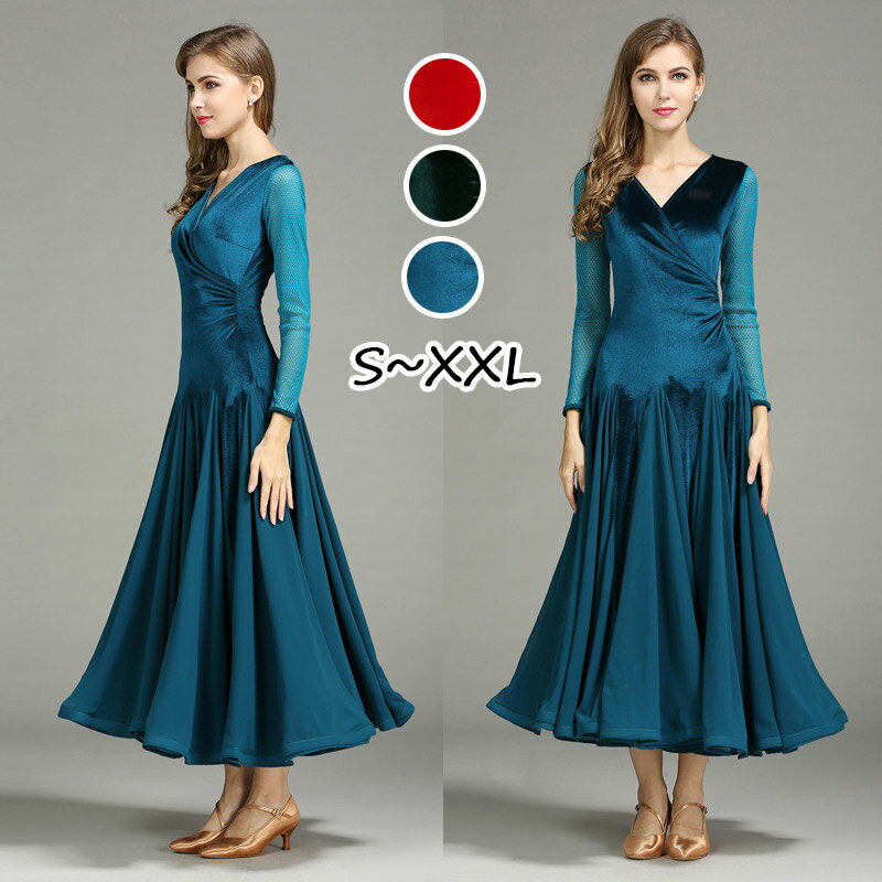 全3色 社交ダンス ドレス 社交ダンス衣装 モダン ドレス 練習用 ダンスウェア 競技着 練習服 ワルツ グリーン ブルー レッド レース 透け感 インターナショナルダンス Vネック ワンピース スタンダード ドレス ベルベット 演出用 ダンス練習着 送料無料 S M L LL 3L