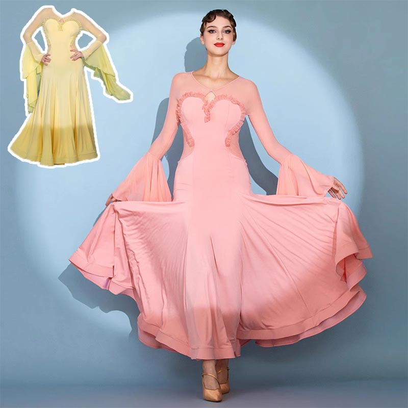 社交ダンスドレス 無地 ピンク イエロー ロングドレス 団体ウエア 社交ダンス衣装 モダンダンス フレア袖 可愛い モダンドレス ボールルーム衣装 スタンダード レッスン着 ワルツ専用ドレス ステージ 舞台 練習着 演出用 広がる裾 ワルツダンス服 送料無料 S~XXL