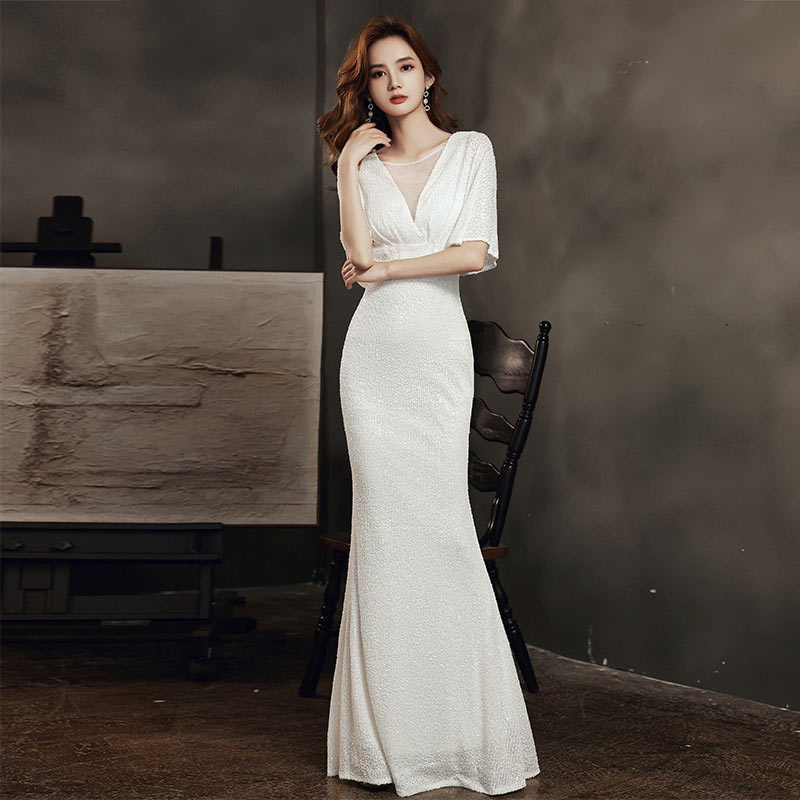 二次会ドレス 白 マーメイドドレス イブニングドレス Vネック ドレス ホワイト キレイめ エレガント 優雅 ロングドレス マーメイドライン 無地 ホワイトドレス 結婚式ドレス オシャレ パーティードレス 袖あり ナイトドレス お呼ばれ ドレス 送料無料 S M L XL XXL