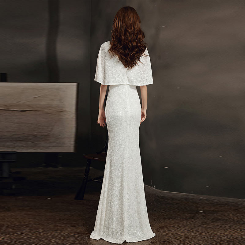 二次会ドレス 白 マーメイドドレス イブニングドレス Vネック ドレス ホワイト キレイめ エレガント 優雅 ロングドレス マーメイドライン 無地 ホワイトドレス 結婚式ドレス オシャレ パーティードレス 袖あり ナイトドレス お呼ばれ ドレス 送料無料 S M L XL XXL