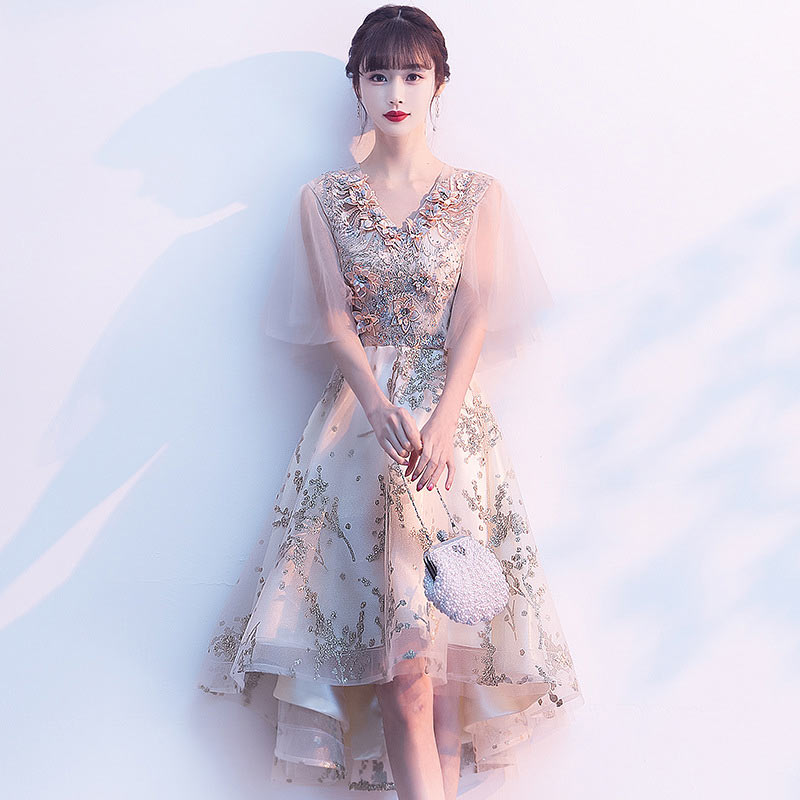 イブニングドレス Aライン ミディアム丈 発表会ドレス Vネック ビーズ 花柄 キレイめ 結婚式ドレス 二次会ドレス お呼ばれドレス 前短後長 パーティードレス キレイめ オシャレ フォーマル 演奏会ドレス コンクール ゲストドレス 可愛い ドレス 送料無料 SS S M L LL 3L