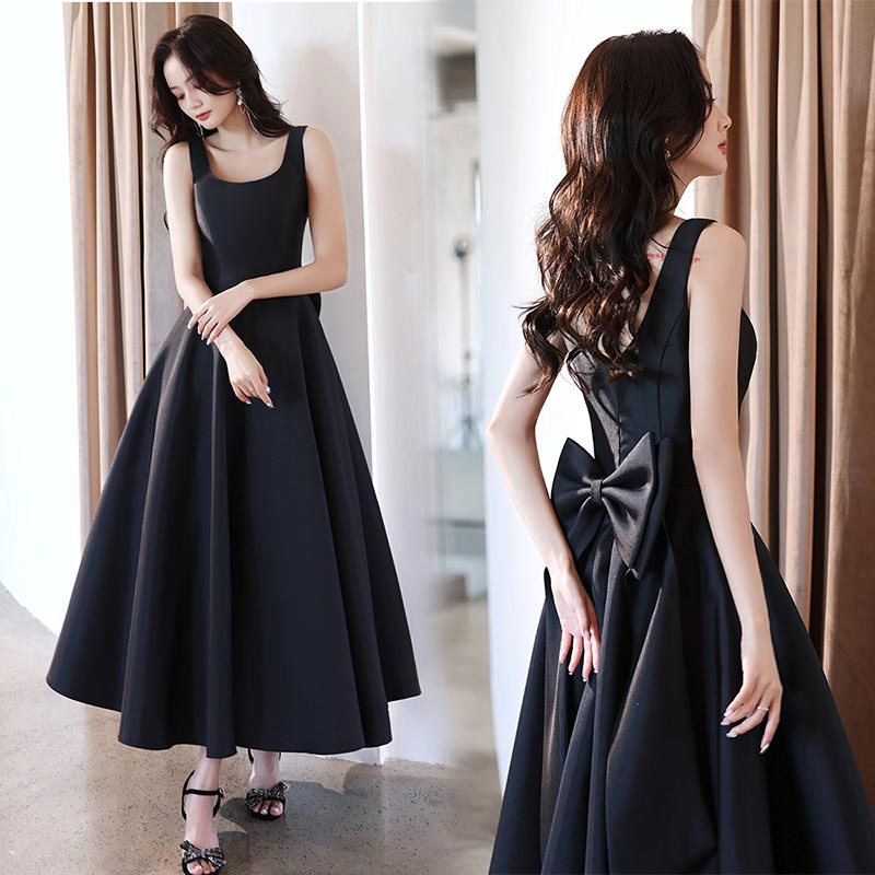 Aラインドレス イブニングドレス 黒 サテン 発表会ドレス ロングドレス 無地 キャミドレス リボン オシャレ シンプル パーティードレス ブラック Uネック セクシー 演奏会ドレス コンサート コンクール 背中開き ナイトドレス ロング丈 誕生日 送料無料 S M L XL XXL