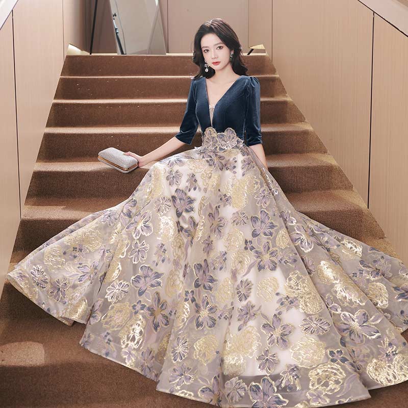 イブニングドレス ロング丈 エレガント ロングドレス 演奏会 ピアノ 発表会 Vネック 花柄 袖あり 大きいサイズ 五分袖 結婚式ドレス Aライン 卒業式 成人式 二次会 お呼ばれドレス マキシ丈 ベルベット コンクール フォーマル ステージドレス 送料無料 XS S M L XL XXL