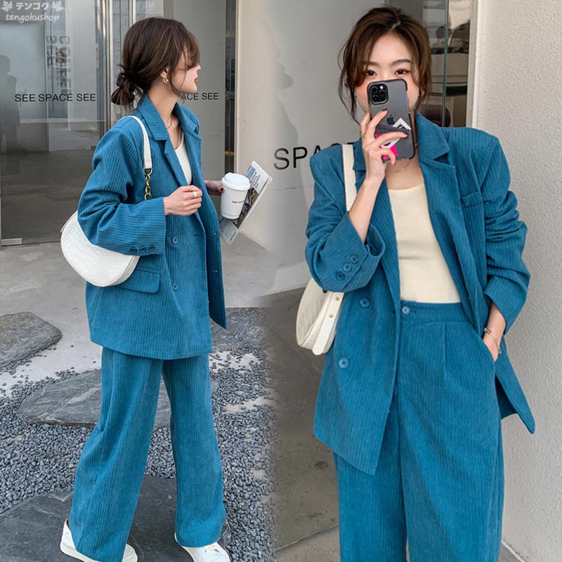 スーツ レディース パンツスーツ カジュアルスーツ スーツセット セットアップ 秋 冬 スーツ ブルー シンプル 無地 ジャケット+ズボン テーラードジャケット ゆったり レディースパンツスーツ 大きいサイズ オシャレ 卒業式 入学式 2点セット 送料無料 S~XL