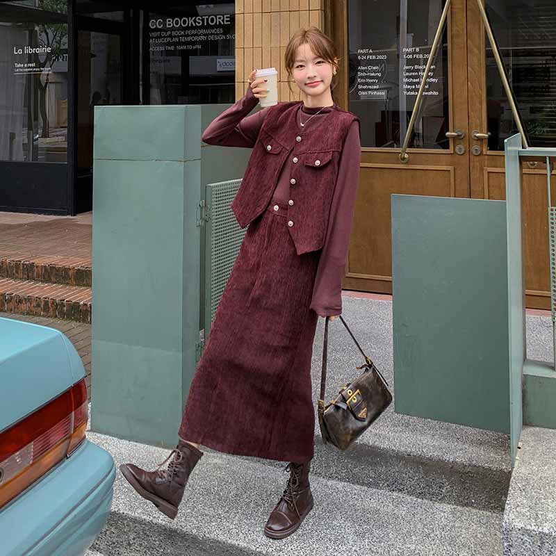 レディーススーツ スカートスーツ 3点セット ワインレッド 結婚式 卒業式 Tシャツ+ベスト+スカート カ..