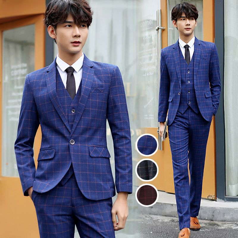 メンズスーツ 3点セット チェック柄 長袖 通勤 OL セットアップ セレモニースーツ ブルー カジュアルスーツ グレー パンツスーツ ワイン赤 スーツ メンズ...