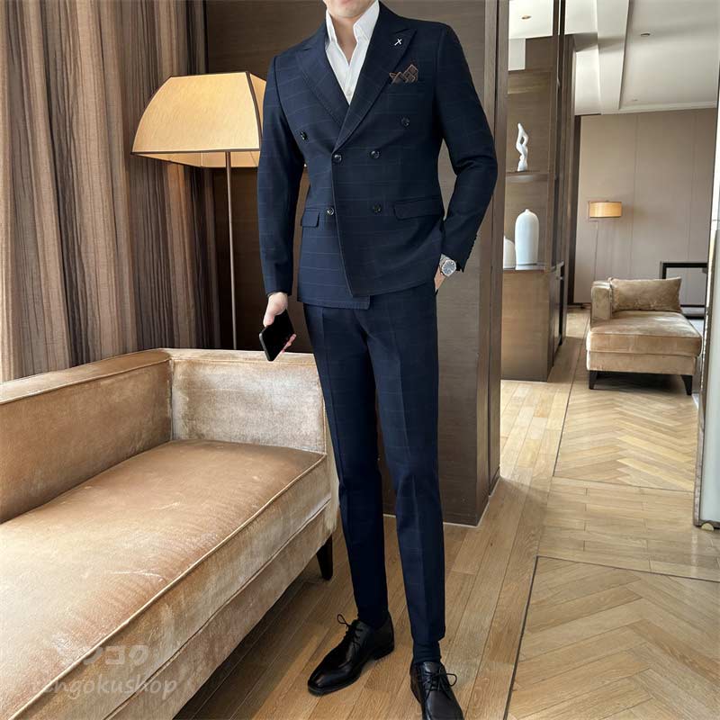 全3色 メンズスーツ チェック柄 2点セット 長袖 グレー ネイビー ダークグリーン 2ピーススーツ カジュアルスーツ 無地 スーツセット フォーマル セレモニースーツ ビジネススーツ 秋 冬 面接 紳士服 司会 発表会 パーティー ジャケット+ズボン 送料無料 M L 2L 3L 4L 5L