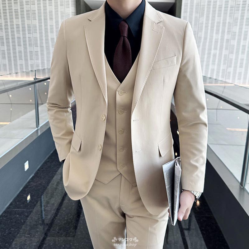 パンツスーツ スリーピース メンズスーツ ベージュ 演奏会 発表会 おしゃれ 紳士服 礼服 フォーマル 結婚式 二次会 ビジネススーツ 3点セット オフィス リクルートスーツ 30代 40代 50代 通勤 就活 面接 大きいサイズ 前撮り セレモニースーツ S~5XL 送料無料