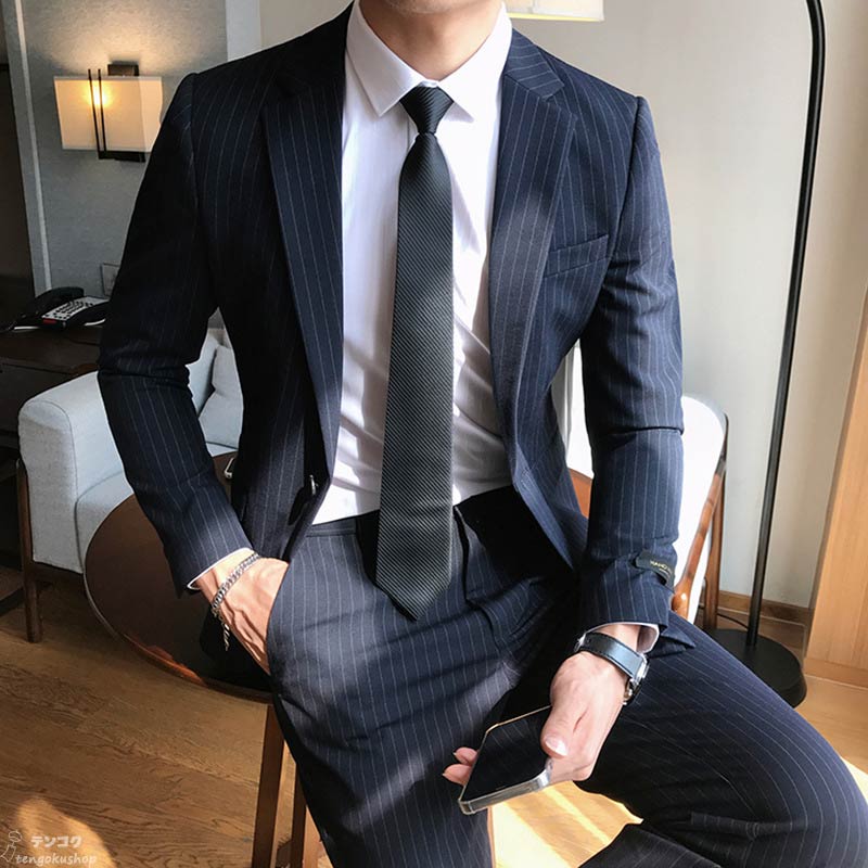 メンズスーツ 上品 ジャケット+ズボン スリムスーツ ストライプ 結婚式スーツ 高級感 セットアップ 2点セット 紳士服 花婿 前撮り スーツセット フォーマルスーツ ブラック グレー ネイビー 司会 舞台 パーティー 発表会 忘年会 カジュアルスーツ M L XL XXL