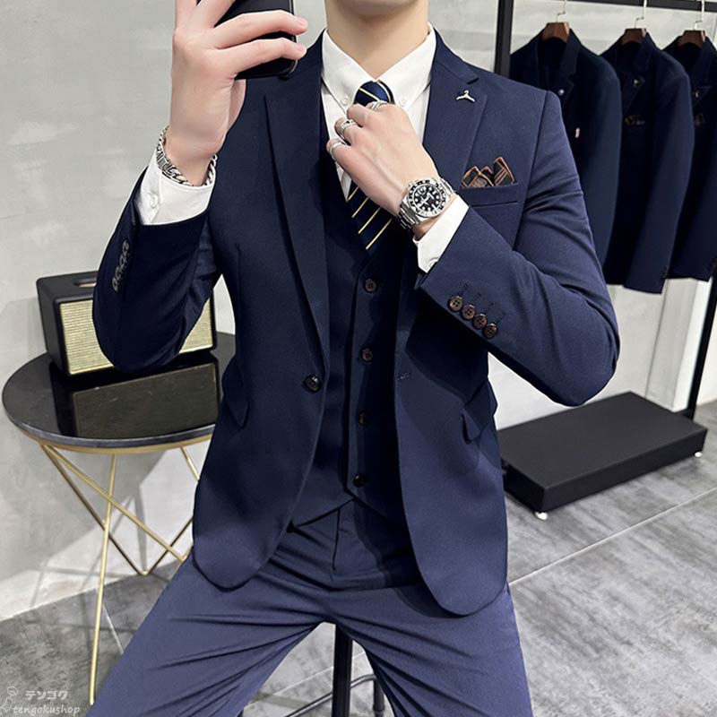メンズスーツ 紳士服 ネイビー グレー 大きいサイズ 無地 スリーピース タキシード セットアップ カジュアルスーツ 3点セット 長袖 フォーマル ビジネススーツ ジャケット+パンツ+ベスト セレモニースーツ 結婚式 卒業式 ベージュ オールシーズン 就職 花婿 前撮り S~6XL
