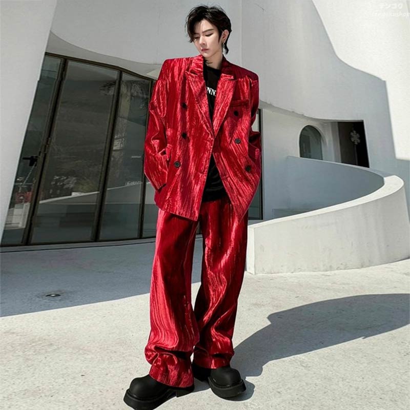 メンズスーツ ベロア ベルベット レッド コンクール コンサート ステージ 舞台 おしゃれ 紳士服 ジャケット カジュアルスーツ セットアップ 2点セット 長袖 ゆったり 大きい 体型カバー フォーマル スーツセット 赤 ダブルブレスト ワイドパンツ 送料無料 M L XL