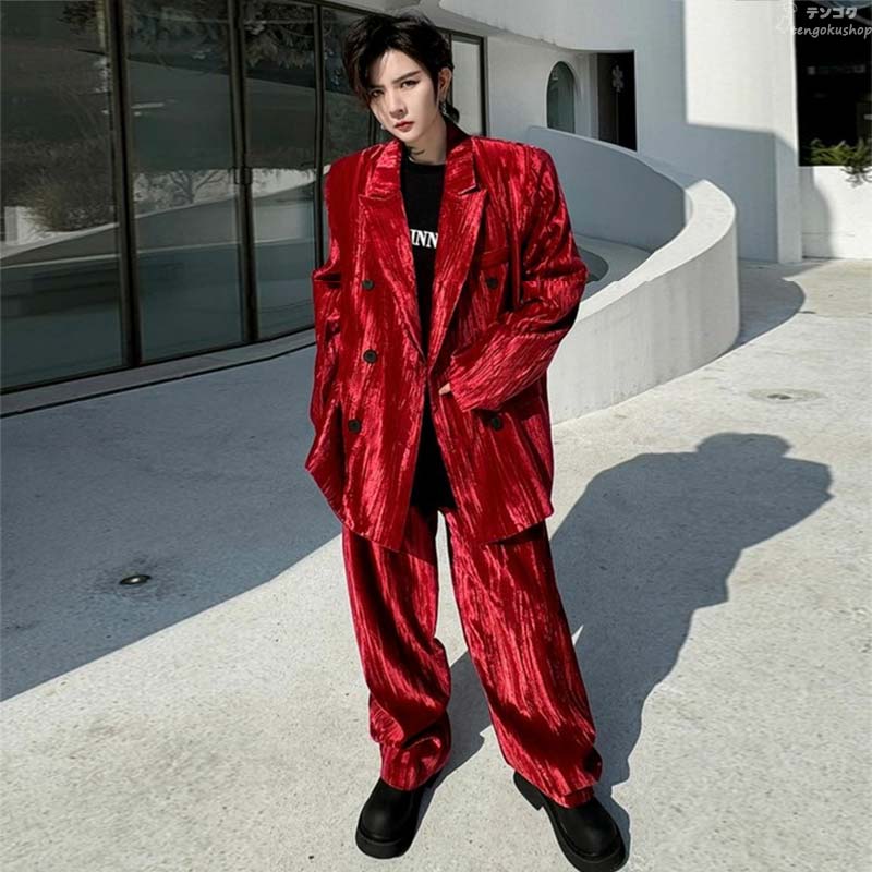 メンズスーツ ベロア ベルベット レッド コンクール コンサート ステージ 舞台 おしゃれ 紳士服 ジャケット カジュアルスーツ セットアップ 2点セット 長袖 ゆったり 大きい 体型カバー フォーマル スーツセット 赤 ダブルブレスト ワイドパンツ 送料無料 M L XL