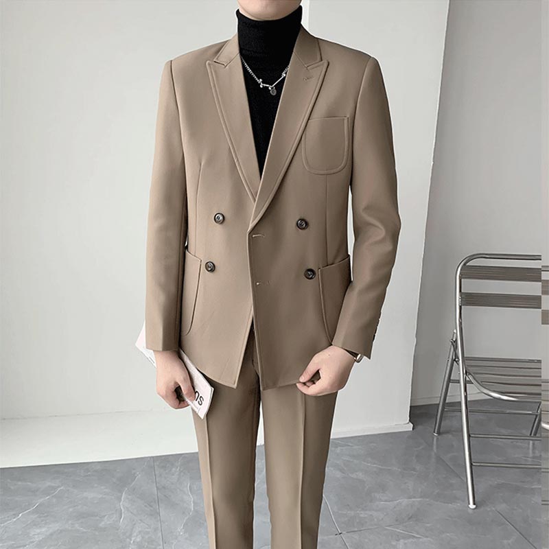 セレモニースーツ オフィス 卒業式 ダブルブレスト メンズスーツ 2点セット ブラウン メンズ スーツ 春秋物 スリムフィット リクルートスーツ メンズ 結婚式 二次会 パーティー フォーマル ビジネス カジュアル セットアップ ジャケット+ズボン 送料無料 M L XL 2XL 3XL