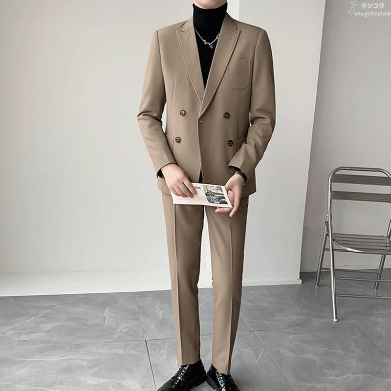 セレモニースーツ オフィス 卒業式 ダブルブレスト メンズスーツ 2点セット ブラウン メンズ スーツ 春秋物 スリムフィット リクルートスーツ メンズ 結婚式 二次会 パーティー フォーマル ビジネス カジュアル セットアップ ジャケット+ズボン 送料無料 M L XL 2XL 3XL