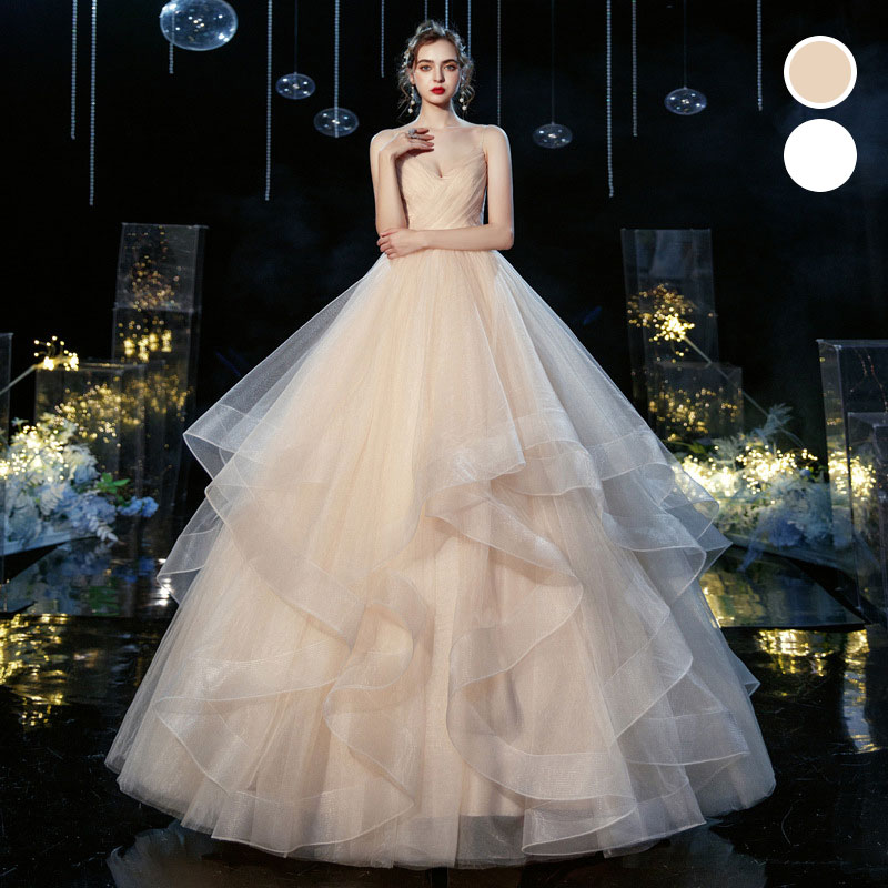 ウェディングドレス オフショルダー シャンパン色 ホワイト ロングドレス 白結婚式ドレス Vネック キャミドレス ブライダルドレス Aライン ロング丈 ウエディングドレス ノースリーブ 花嫁ドレス キラキラ プリンセスドレス 二次会 披露宴 海外挙式 送料無料 S M L LL 3L