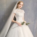 ウェディングドレス 袖あり オシャレ 結婚式ドレス 二次会ドレス 花嫁ドレス 半袖 Aライン ロングドレス 白 海外挙式 披露宴 レース チュール ウエディング...