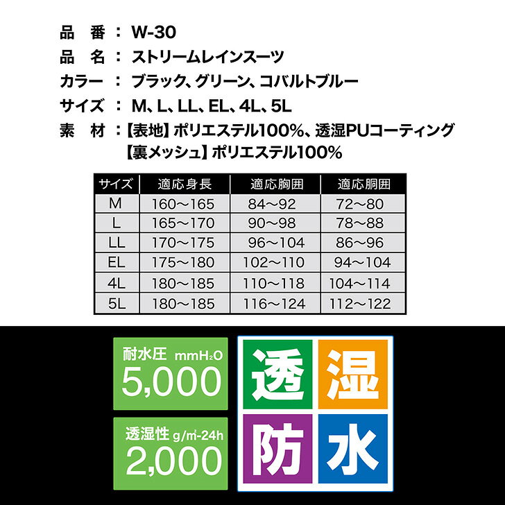 W-30 ストリーム 作業用 操作性 防水 ヤッケ アウトドア 雨具 レインコート カッパ ストレッチ お買い得 雨 透湿 防水 ブラック グリーン ケイワーク 4L 5L tengushop-10000164 TENGU SHOP サンプル画像2