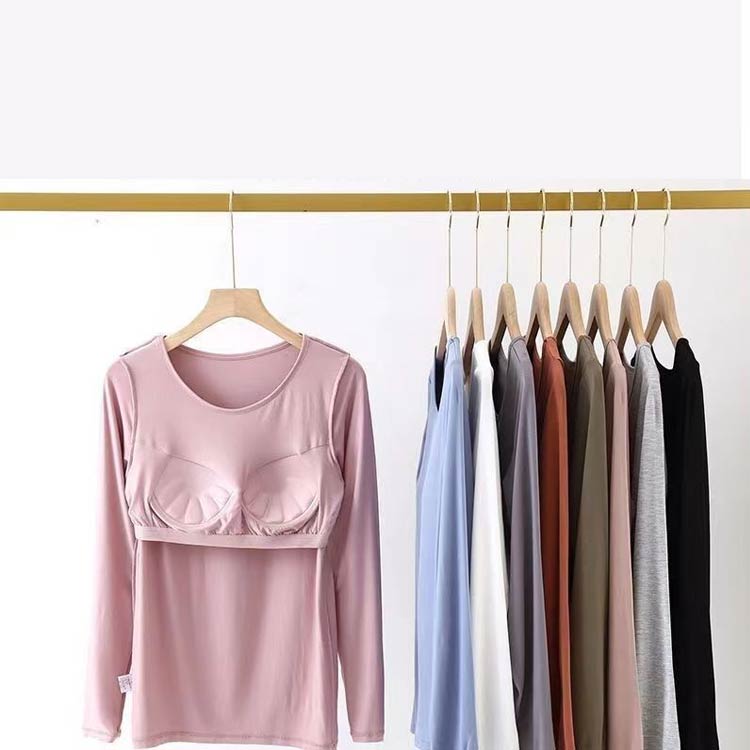 Tシャツ レディース 長袖 重ね着 インナー 夏 シンプル 春 カップ付き 部屋着 ブラトップ 無地 ルームウェア 秋 パット付き 長袖 2