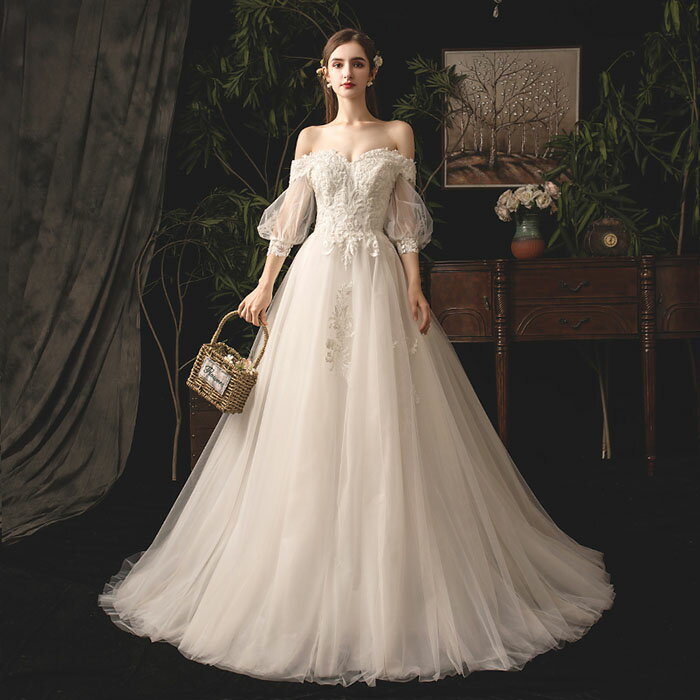 樂天商城 - 花嫁 披露宴 ウエディングドレス パーティードレス 二次会 結婚式 レース ブライダル 白 ウェディングドレス 花 aラインドレス