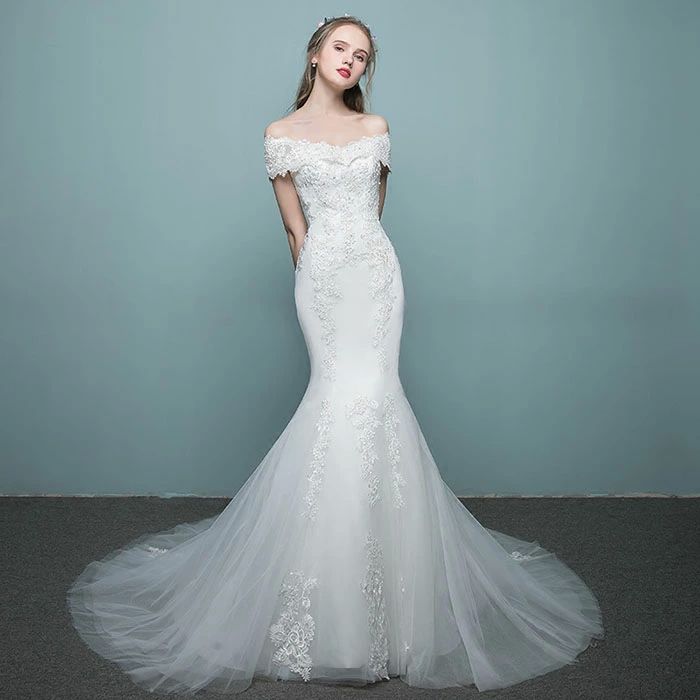 花嫁 マーメイドラインドレス ブライダル 結婚式 二次 マーメイドライン ウエディングドレス ウェディングドレス オフショルダー
