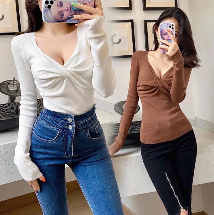 樂天商城 - 全5色 ニットトップス 無地 リブニット Vネック プルオーバー セーター トップス 胸元 レディース キ ニット レオタード タイト