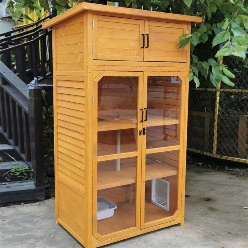 オレンジ 換気透明ドア 屋内外猫用 耐候性屋根付き 屋外猫用囲い 4段大型木製猫用