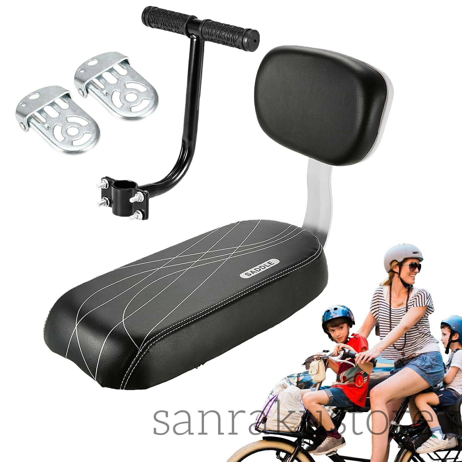 送料無料 自転車用チャイルドシート 後部子供用自転車シート 背もたれ付き クッション アームレスト フットレスト セット 後部座席 子供用 補助イス 自転車アクセサリー 快適 安全 取り付け簡単 軽量 耐久性抜群 家庭用 アウトドア 通学 通園 親子兼用 ユニバーサルタイプ