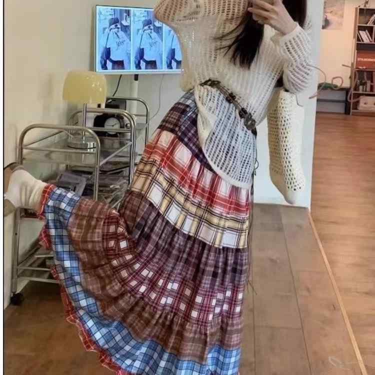 樂天商城 - ロングスカート レディース ボヘミアン エスニック風 チェック柄 切り替え カラフル カラー 夏用 軽量 通気性 コットン混 ミディ丈 フレアシルエット 普段使い