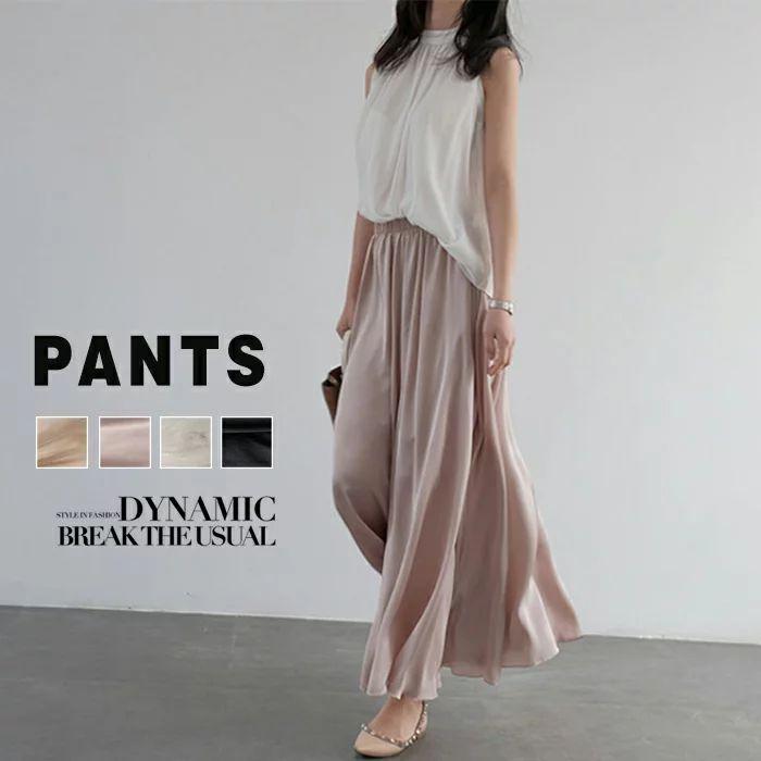 樂天商城 - ガウチョパンツ ボトムズ 夏 サテンワイドパンツ 無 ロングワイドパンツ ロング丈 レディース 新作 サテン パンツ ワイドパンツ