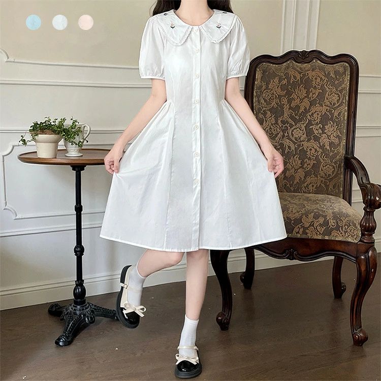 乐天商城 - ワンピース レディース 制服風 ワンピース ワンピ 半袖 ぽわん袖 ひざ下 シャツワンピース Aラインスカート