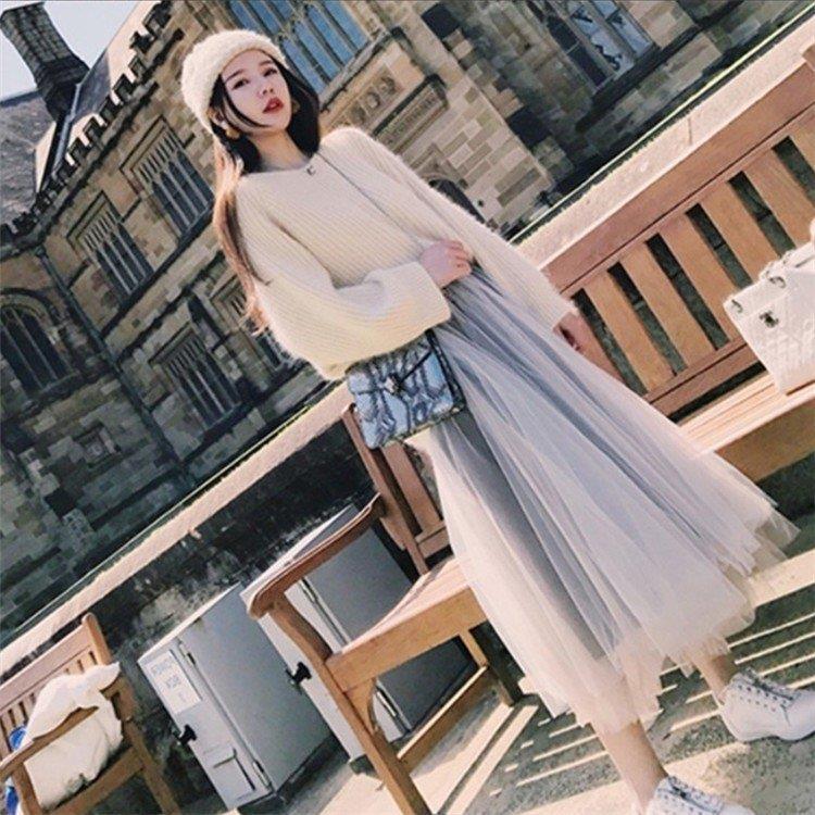 Skirt Suits - メリヤス レディース 韓国風 スカート 通勤 40代長袖トップス セーター ニットワンピース 秋冬 チュール 2点セット 上下セット O