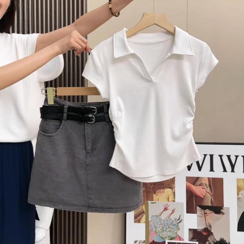 Rakuten - ポロシャツ レディース 夏用 白 クロップド 短袖 かわいい プリーツ ウエスト ギャザー ストレート ショルダー 吸湿速乾 軽量 通気性 スタイリッシュ カジュアル 普段使い