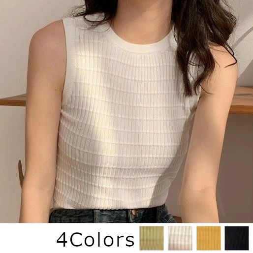 樂天商城 - ノースリーブ ニット レディース トップス インナー 秋 春 夏 大人 きれいめ おしゃれ シンプル ホワイト グリーン イエロー ブラック 白 黒 サマーニット 春ニット 薄手 リブ クルーネック フェミニン 無地 カジュアル セクシー 細見え 通勤 着やせ オフィスカジュアル