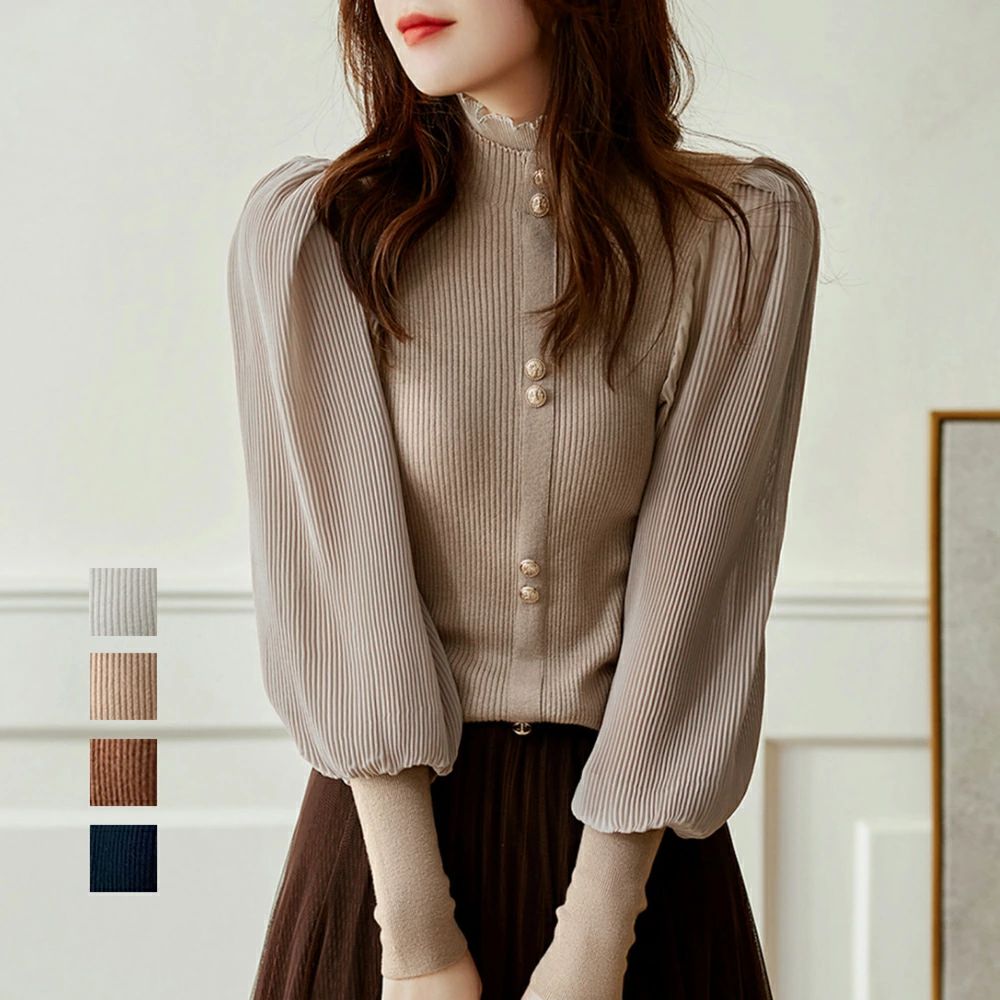 樂天商城 - パフスリーブ ニット レディース トップス バルーン袖 リブニット プリーツ シフォン 切り替え ニット フリル ドッキングニット プチハイネック プルオーバーニット ニットソー オフィス フェミニン デート ブラック モカ ホワイト オレンジ ブラウン