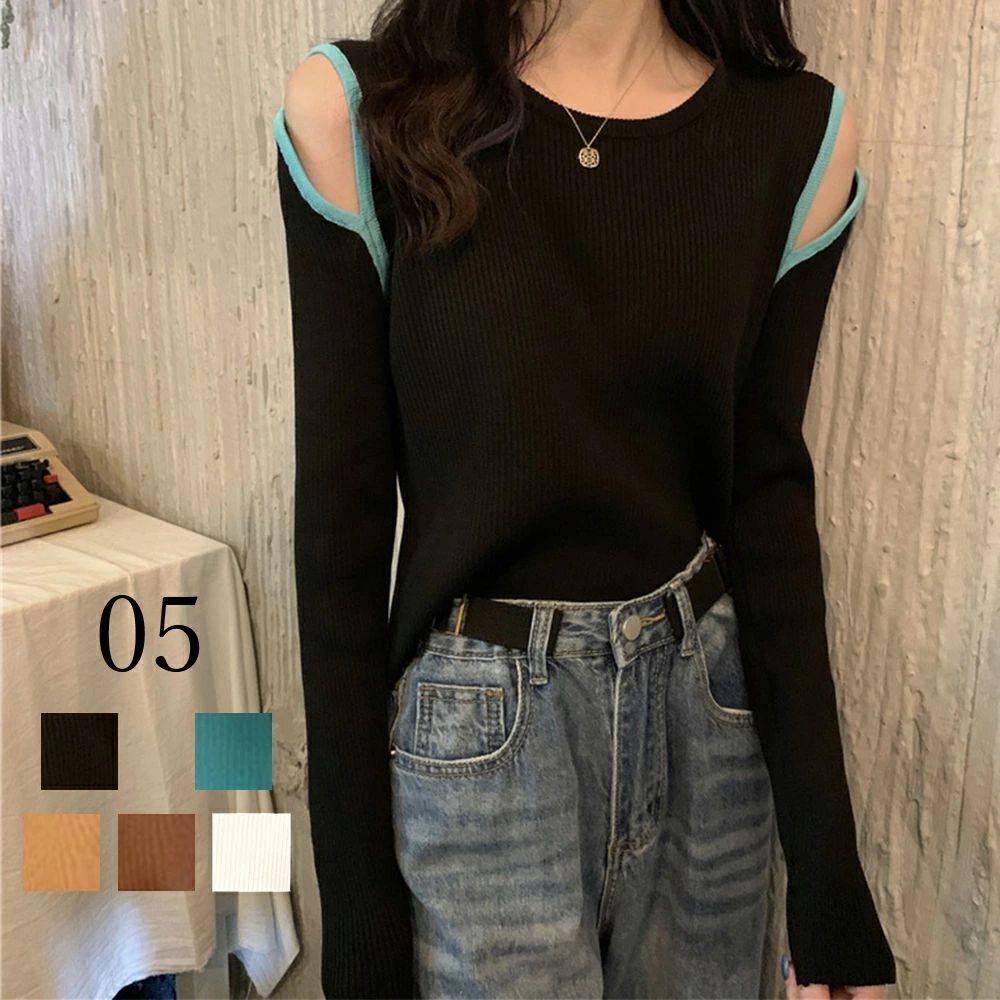 肩出し ニット レディース トップス 肩開き ニットセーター 無地 肌見せ ニットソー 着やせ ニット ラウンドネック セーター オープン..