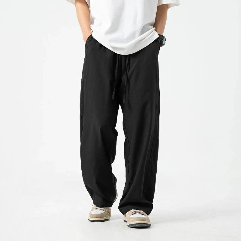 イー ワイドパンツ スラックス 大きいサイズ ストリートパンツ メンズ 調整紐 接触冷感 アイスシルクパンツ 涼しい 薄手 ズボン