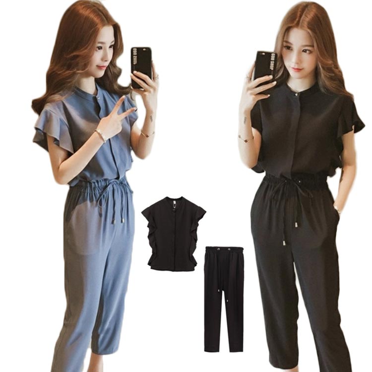 カジュアル ブルー 夏 二点セット クロップドパンツ 上下2点セット ブラウス ブラック セットアップ ウエスト紐 レディース(4.0)