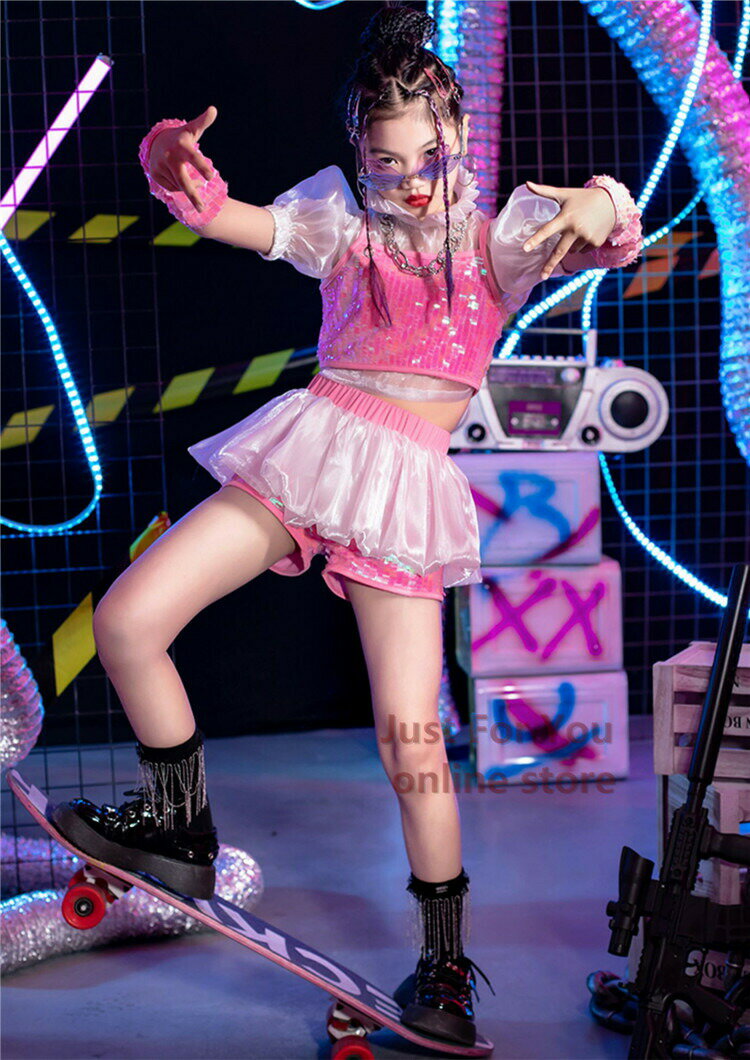 ピンク キッズダンス衣装 躍動感いっぱい キラキラ スパンコール衣装 女の子 キッズ タンクトップ キュロット へそ出し ガールズ