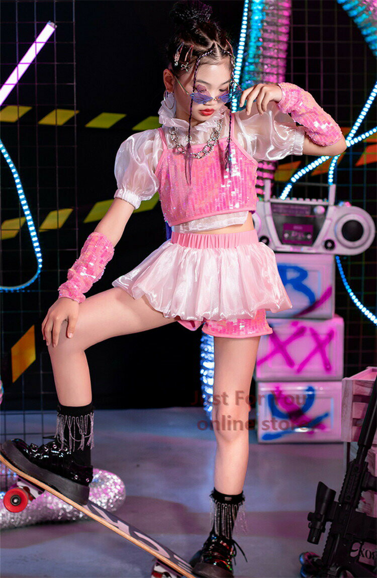 ピンク キッズダンス衣装 躍動感いっぱい キラキラ スパンコール衣装 女の子 キッズ タンクトップ キュロット へそ出し ガールズ