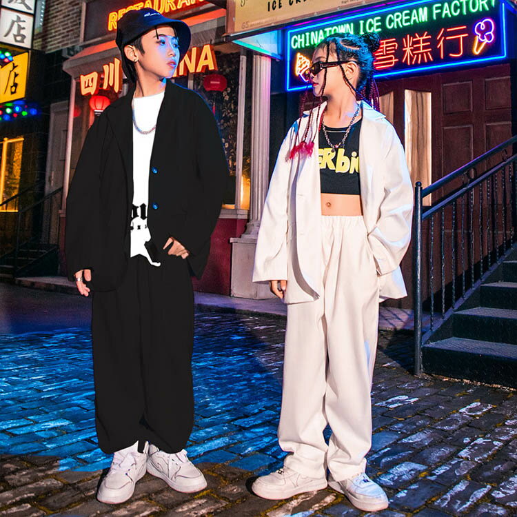 ★黒 白 スーツセット キッズダンス衣装 セットアップ k-pop フォーマル 礼服 子供服 ヒップホップ ジャケット 子供スーツ ロッ