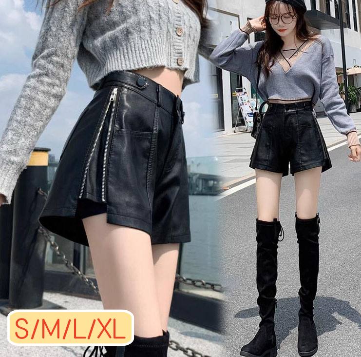 樂天商城 - ハイウェスト フェイクレザー ホットパンツ Aライン レディース PU革 レザーパンツ ショートパンツ 短パン ショー ワイドパンツ