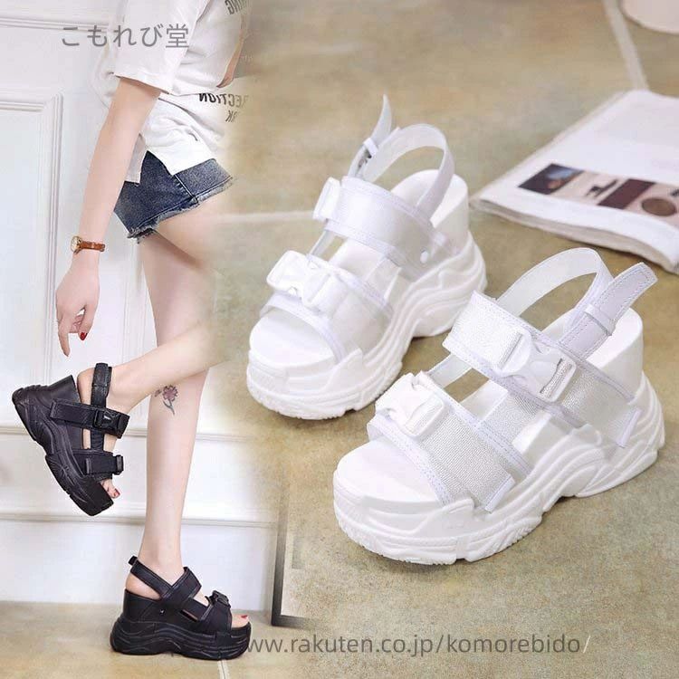 Sports Sandal - 【送料無料】韓国ファション ビーチサンダル ウェッジソール ミュール ぺたんこ 厚底靴 アウトドア フラットサンダル 黒 白サンダル