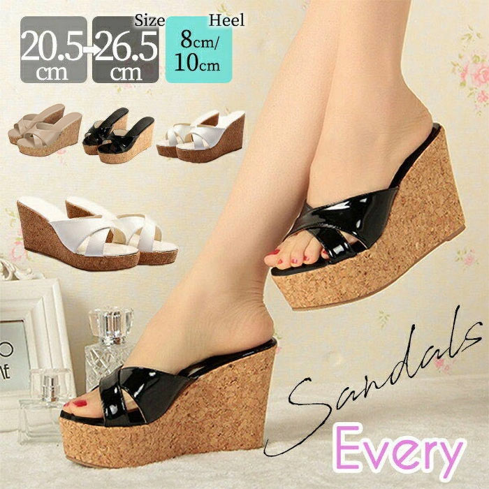 樂天商城 - ウェッジソール サンダル レディース 厚底サンダル オープントゥ ミュール ウェッジヒール つっかけ 履きやすい ヒール8cm 10cm 美脚 小さいサイズ 大きいサイズ ビーチ かかとなし