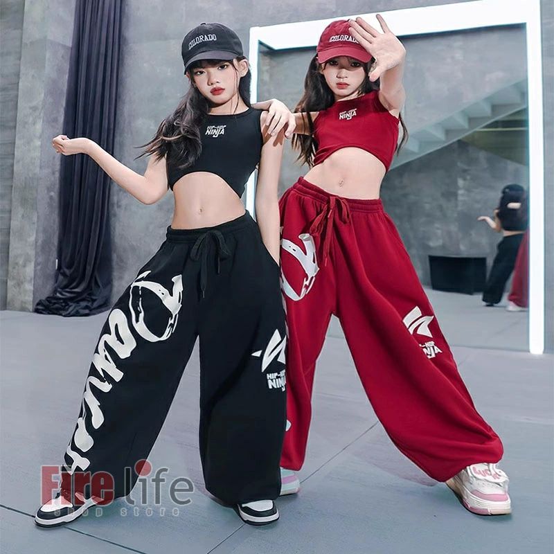 樂天商城 - カジュアルパンツ スポーツパンツ へそ出し HIPHOP チアガール 女の子 キッズダンス衣装 タンクトップ 赤 セットアップ 英文字柄
