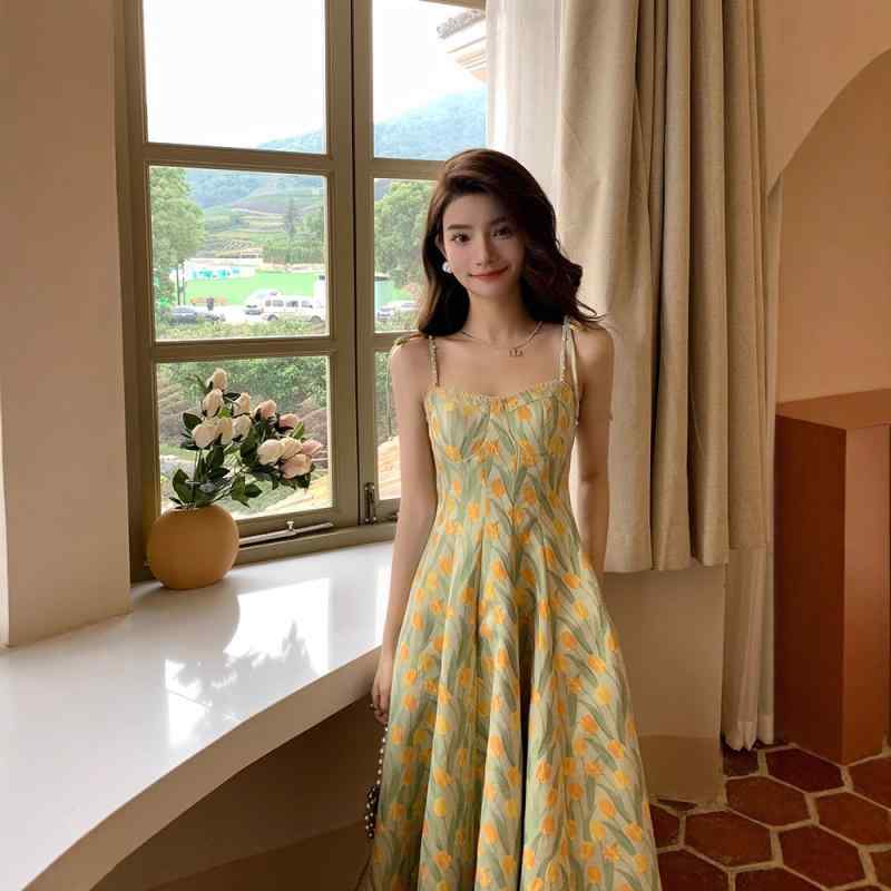 樂天商城 - 観光 スイート 花柄 スカート 吊り下げ 切り替え ワンピース スタイル レディース フレッシュ ロング 春夏 スリム 少女 プリント