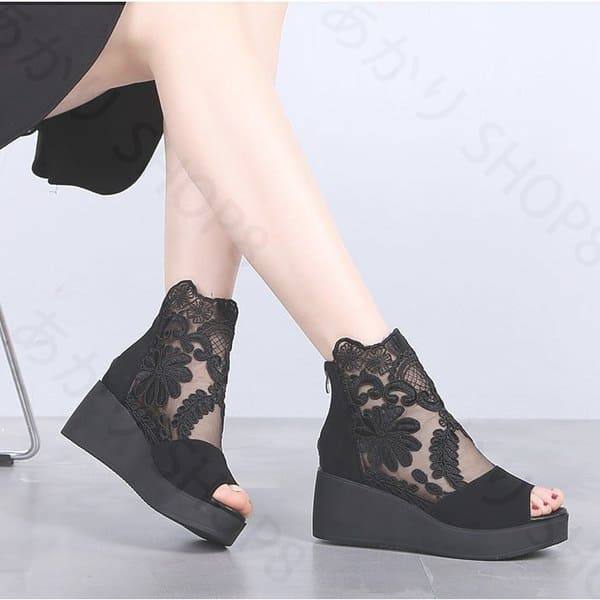 レース ジッパー レディース ヒールサンダル オープントゥ ウェッジソ サンダル ヒール6.5cm 送料無料厚底サンダル ジップアップ
