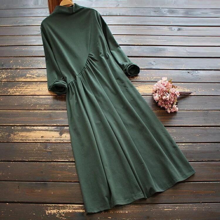 ワンピース レディース 40代 50代 フォーマル 秋冬 秋 冬 綿 無地 ハイネック 長袖 ロング丈 Aライン きれいめ