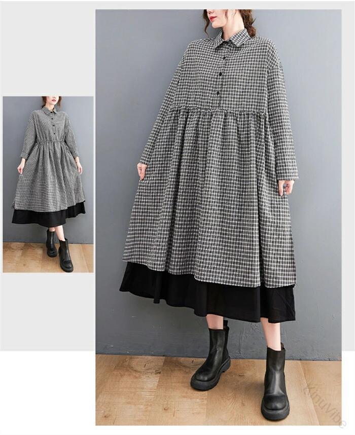 シャツワンピース 長袖 ロングワンピース レディース 春 フェイクレイヤード風 フ...