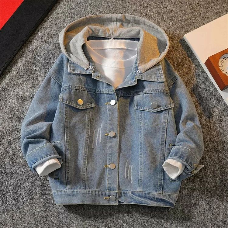 樂天商城 - 子供服 ジャケット風 アウター デニムパーカー ジャケット スウェット トレーナー 異素材 フード付き 取り外し可 秋 春 120 130 140 150 160 cm キッズ 男の子 ボーイズ ジュニア トップス