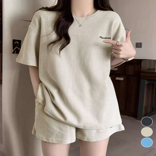 Room Wear - 快 体型カバー夏服着やせ 大人カジュアルスウェットセット 送料無料 ロゴカットソー 短パン ワッフル部屋着2点セット レディース